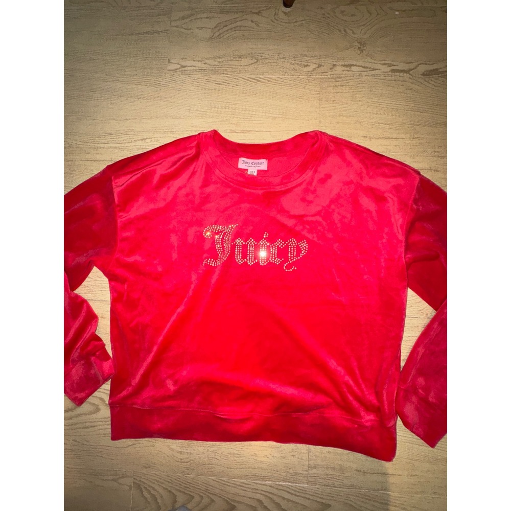 Juicy Couture Red Velour Rhinestone Sweatshirt Crew Neck Womens Large NEW